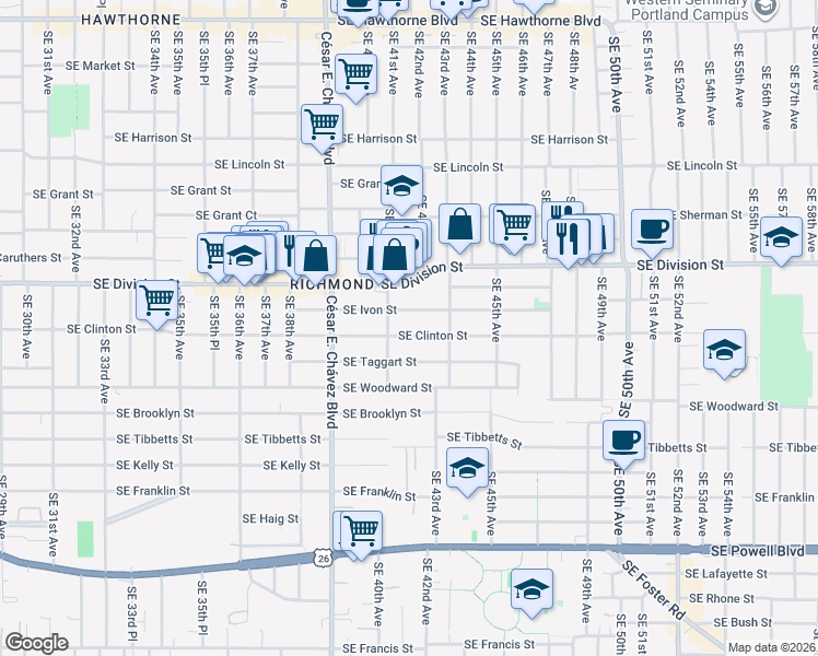 map of restaurants, bars, coffee shops, grocery stores, and more near 4204 Southeast Ivon Street in Portland