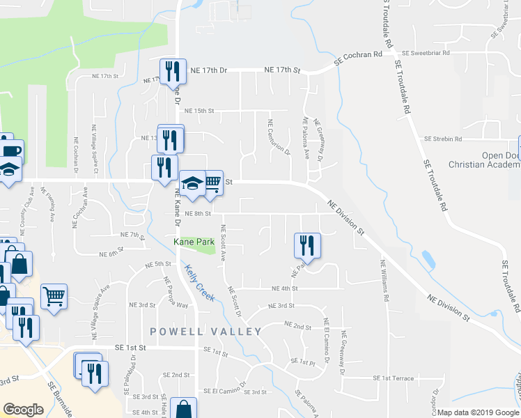 map of restaurants, bars, coffee shops, grocery stores, and more near 3745 Northeast 8th Street in Gresham