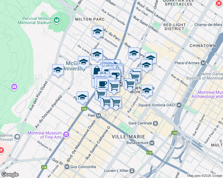 map of restaurants, bars, coffee shops, grocery stores, and more near in Montreal