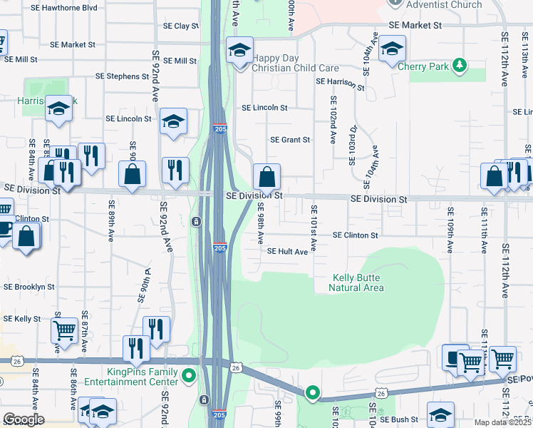 map of restaurants, bars, coffee shops, grocery stores, and more near 2600 Southeast 98th Avenue in Portland