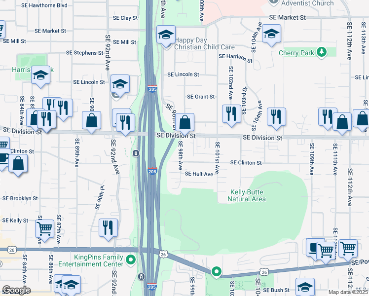 map of restaurants, bars, coffee shops, grocery stores, and more near 2600 Southeast 98th Avenue in Portland