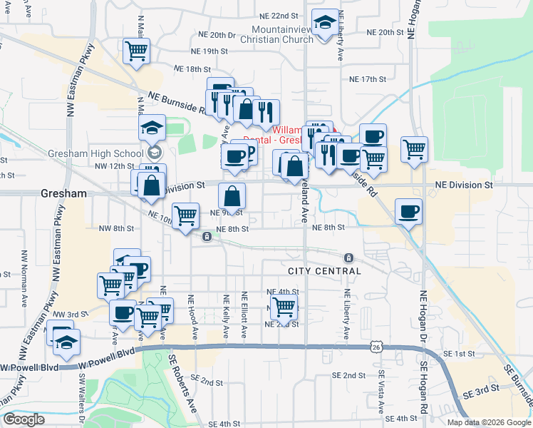 map of restaurants, bars, coffee shops, grocery stores, and more near 894 Northeast Linden Avenue in Gresham