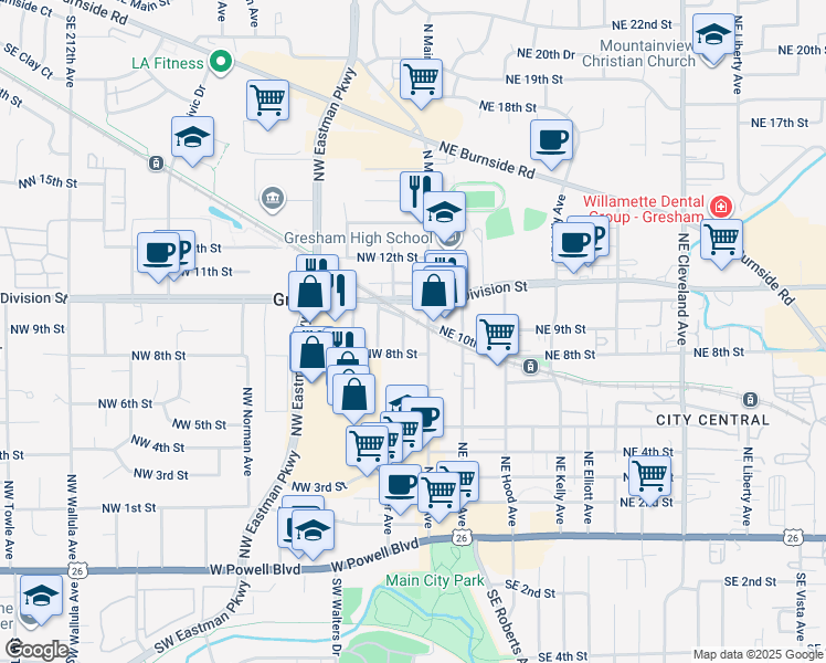 map of restaurants, bars, coffee shops, grocery stores, and more near 60 Northwest Division Street in Gresham