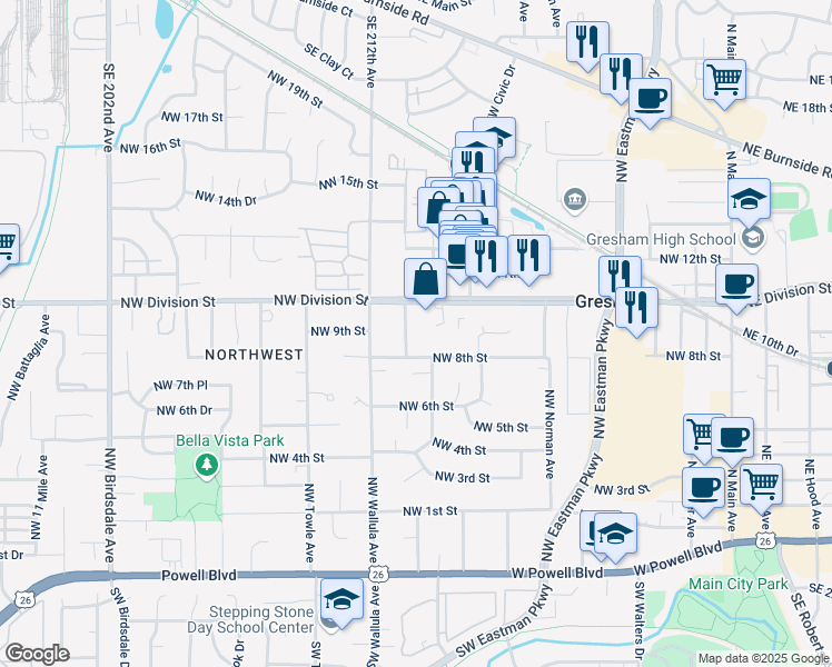 map of restaurants, bars, coffee shops, grocery stores, and more near 990 Northwest Florence Avenue in Gresham