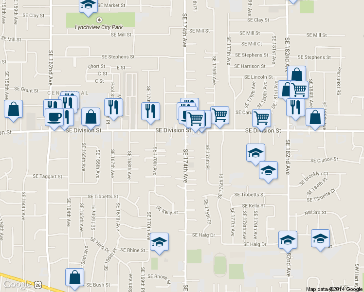 map of restaurants, bars, coffee shops, grocery stores, and more near 17214 Southeast Division Street in Portland