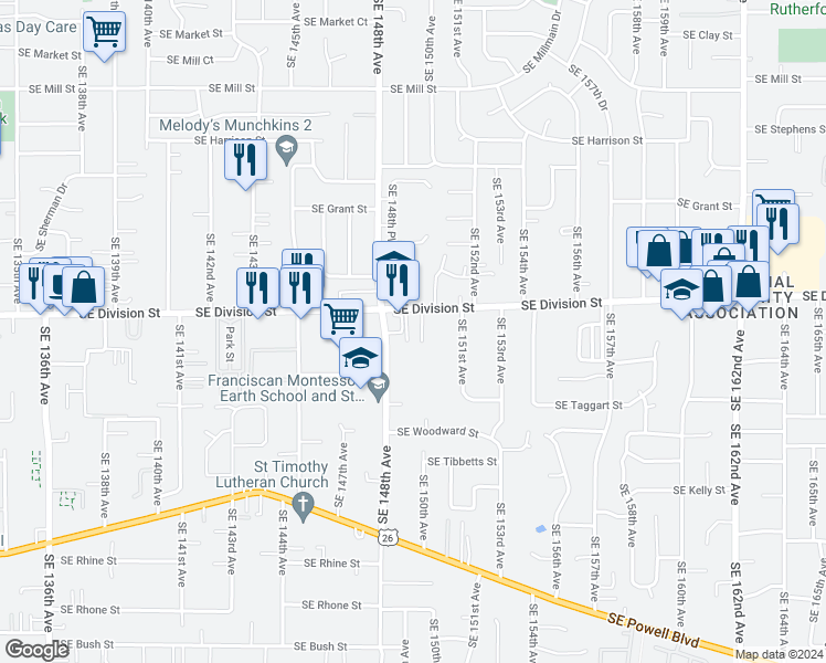 map of restaurants, bars, coffee shops, grocery stores, and more near 14952 Southeast Division Street in Portland