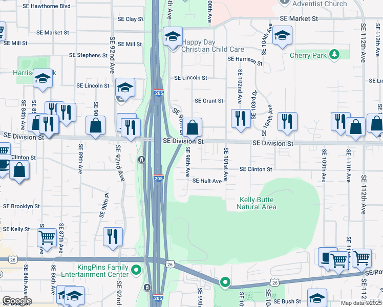 map of restaurants, bars, coffee shops, grocery stores, and more near 9850 Southeast Division Street in Portland