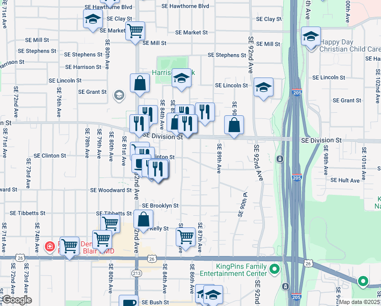 map of restaurants, bars, coffee shops, grocery stores, and more near 2533 Southeast 87th Avenue in Portland