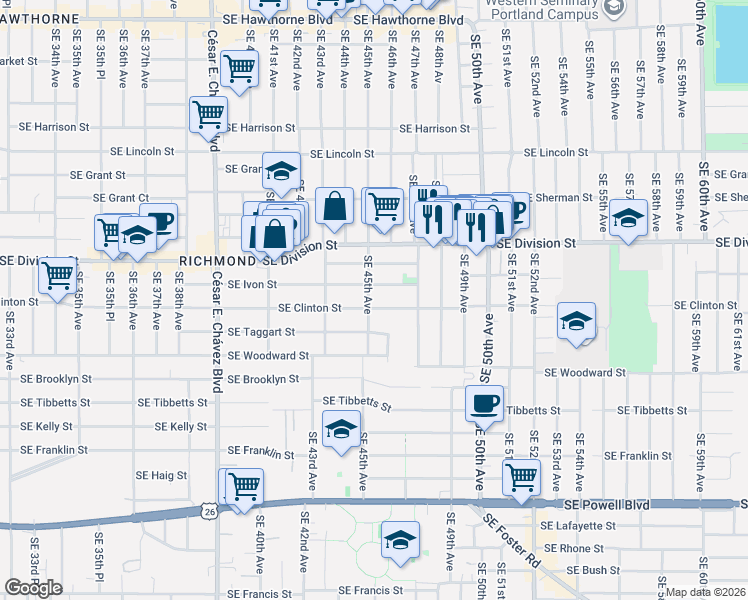 map of restaurants, bars, coffee shops, grocery stores, and more near 4506 Southeast Ivon Street in Portland