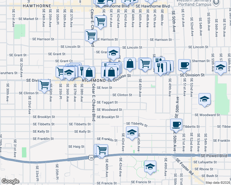 map of restaurants, bars, coffee shops, grocery stores, and more near 4204 Southeast Ivon Street in Portland