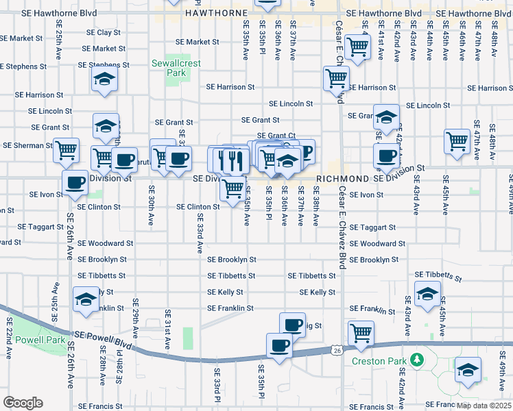 map of restaurants, bars, coffee shops, grocery stores, and more near in Portland