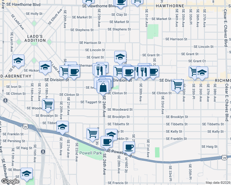 map of restaurants, bars, coffee shops, grocery stores, and more near 2715 Southeast Clinton Street in Portland