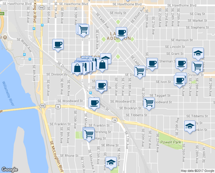 map of restaurants, bars, coffee shops, grocery stores, and more near 2604 Southeast 15th Avenue in Portland