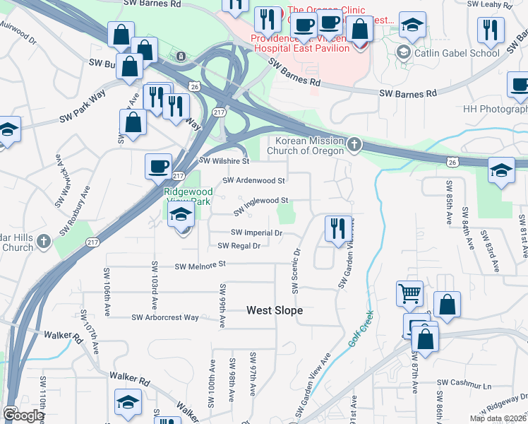 map of restaurants, bars, coffee shops, grocery stores, and more near 9650 Southwest Inglewood Street in Portland