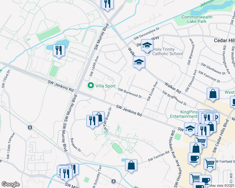 map of restaurants, bars, coffee shops, grocery stores, and more near 13960 Southwest Burlwood Street in Beaverton