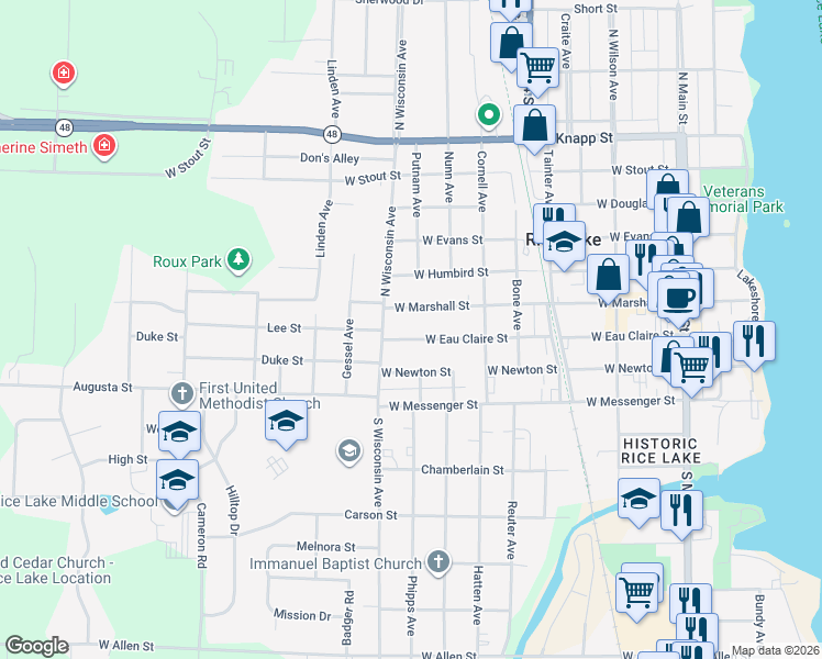 map of restaurants, bars, coffee shops, grocery stores, and more near 612 West Marshall Street in Rice Lake