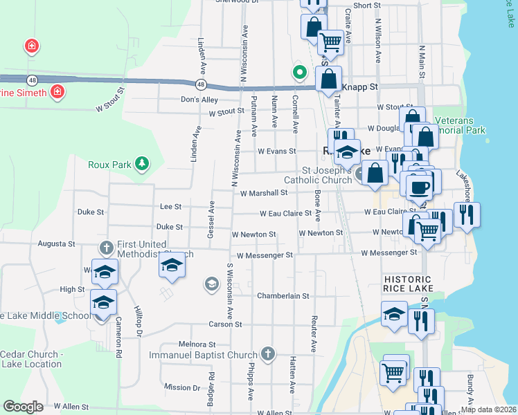 map of restaurants, bars, coffee shops, grocery stores, and more near 508 West Marshall Street in Rice Lake