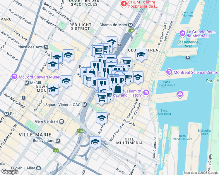 map of restaurants, bars, coffee shops, grocery stores, and more near in Montreal