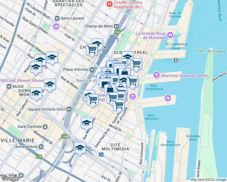 map of restaurants, bars, coffee shops, grocery stores, and more near 461 Rue Saint François Xavier in Montreal