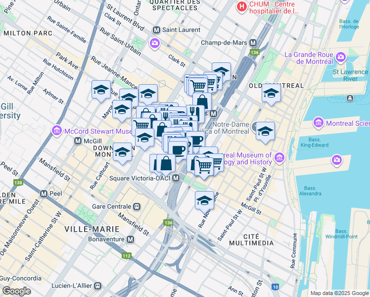 map of restaurants, bars, coffee shops, grocery stores, and more near 1020 Rue de Bleury in Montréal