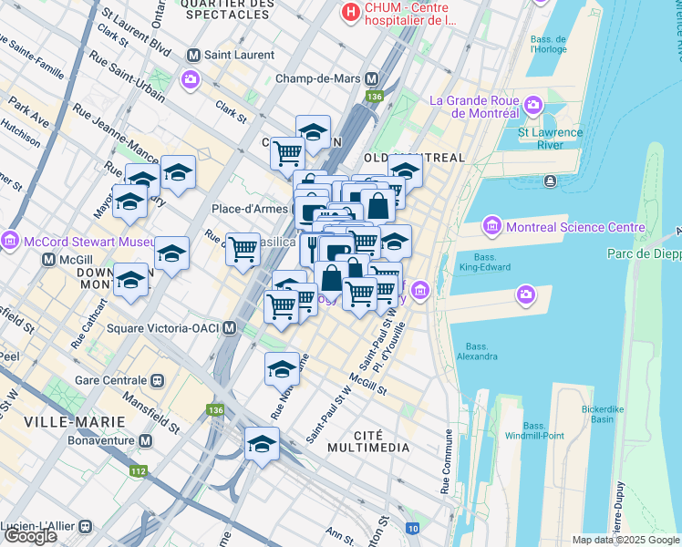 map of restaurants, bars, coffee shops, grocery stores, and more near in Montreal