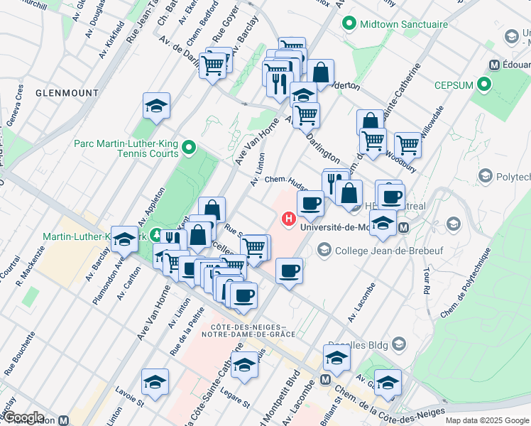 map of restaurants, bars, coffee shops, grocery stores, and more near 5840 Avenue Mcshane in Montréal