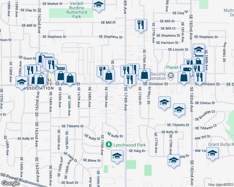 map of restaurants, bars, coffee shops, grocery stores, and more near 17214 Southeast Division Street in Portland