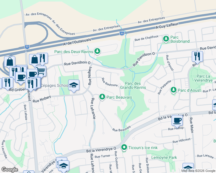 map of restaurants, bars, coffee shops, grocery stores, and more near 76 Rue Radmore in Gatineau