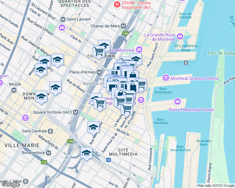 map of restaurants, bars, coffee shops, grocery stores, and more near 477 Saint Francois Xavier Street in Montreal