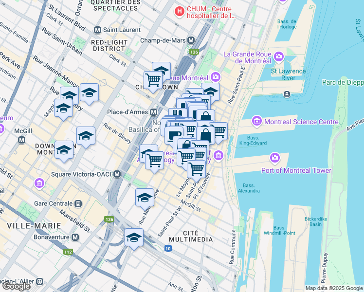 map of restaurants, bars, coffee shops, grocery stores, and more near 210 Rue Notre-Dame Ouest in Montréal
