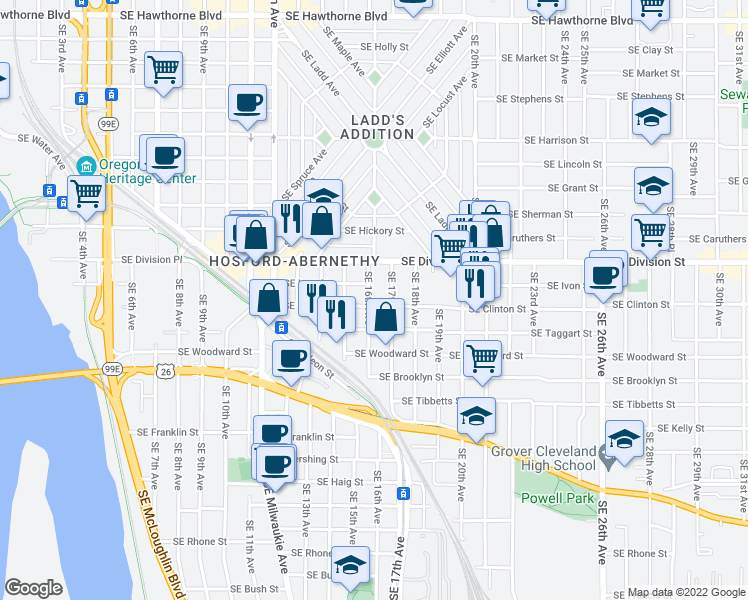 map of restaurants, bars, coffee shops, grocery stores, and more near 1605 Southeast Clinton Street in Portland