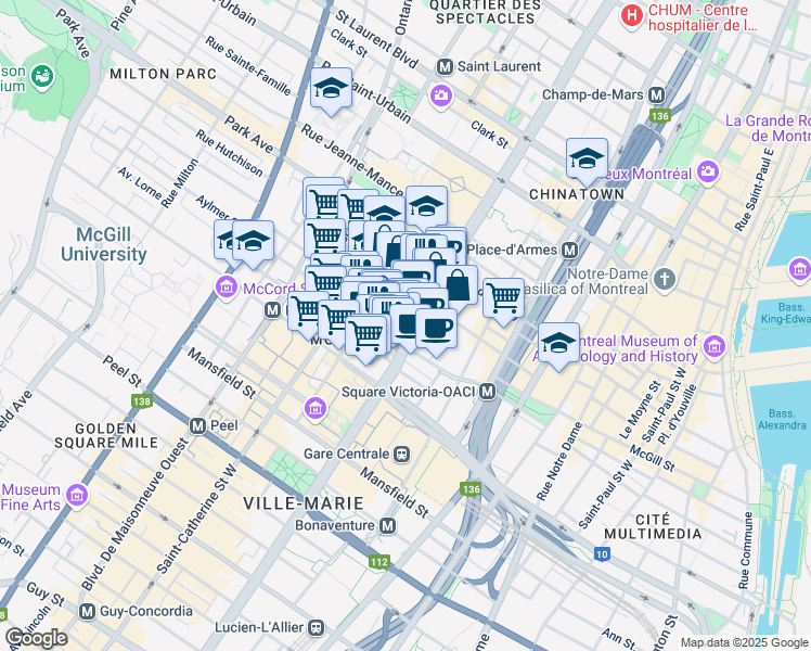 map of restaurants, bars, coffee shops, grocery stores, and more near 501 Boulevard René-Lévesque Ouest in Montréal