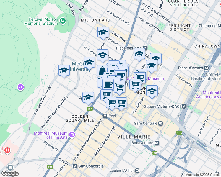 map of restaurants, bars, coffee shops, grocery stores, and more near 2001 Avenue McGill College in Montréal