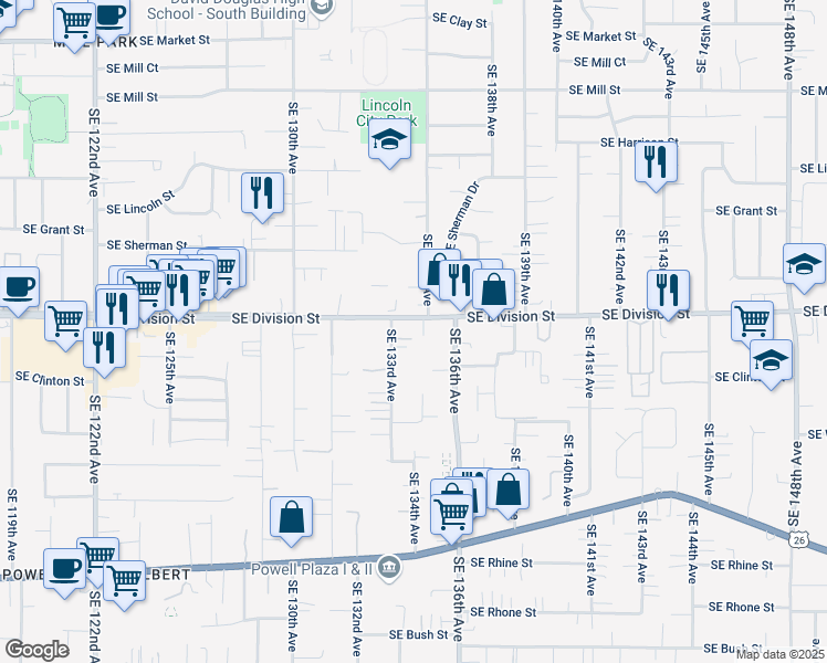 map of restaurants, bars, coffee shops, grocery stores, and more near 13306 Southeast Division Street in Portland
