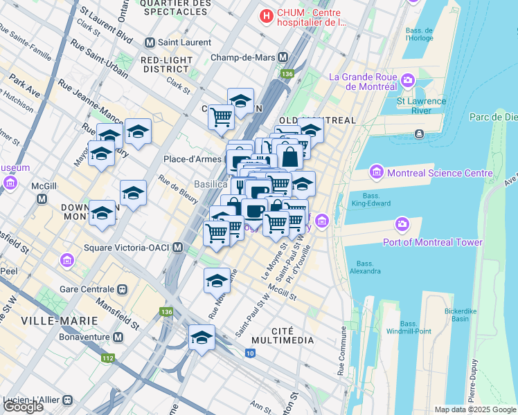 map of restaurants, bars, coffee shops, grocery stores, and more near 220 Rue Saint-Jacques in Montréal