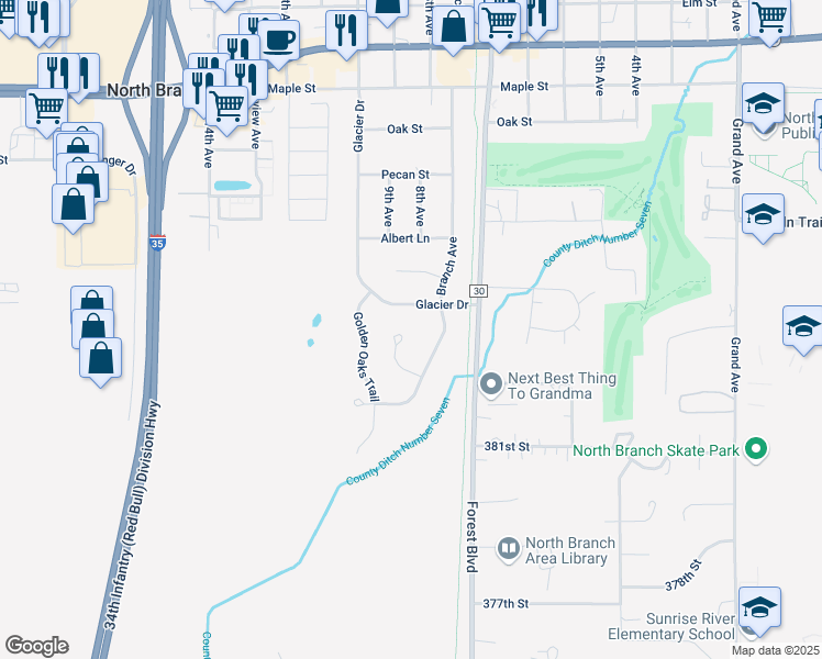 map of restaurants, bars, coffee shops, grocery stores, and more near 6177 Glacier Drive in North Branch