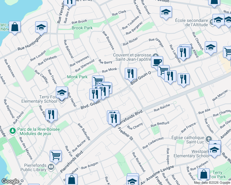 map of restaurants, bars, coffee shops, grocery stores, and more near 12797 Boulevard Gouin Ouest in Montréal