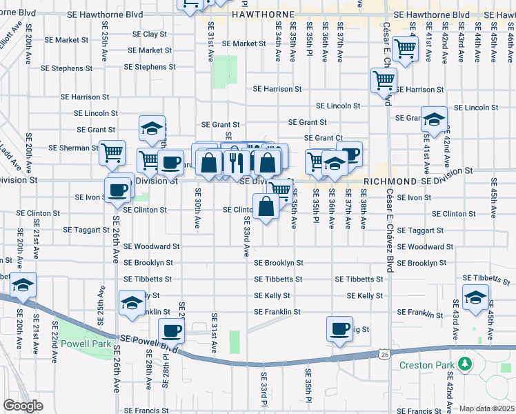 map of restaurants, bars, coffee shops, grocery stores, and more near 2601 Southeast 33rd Place in Portland