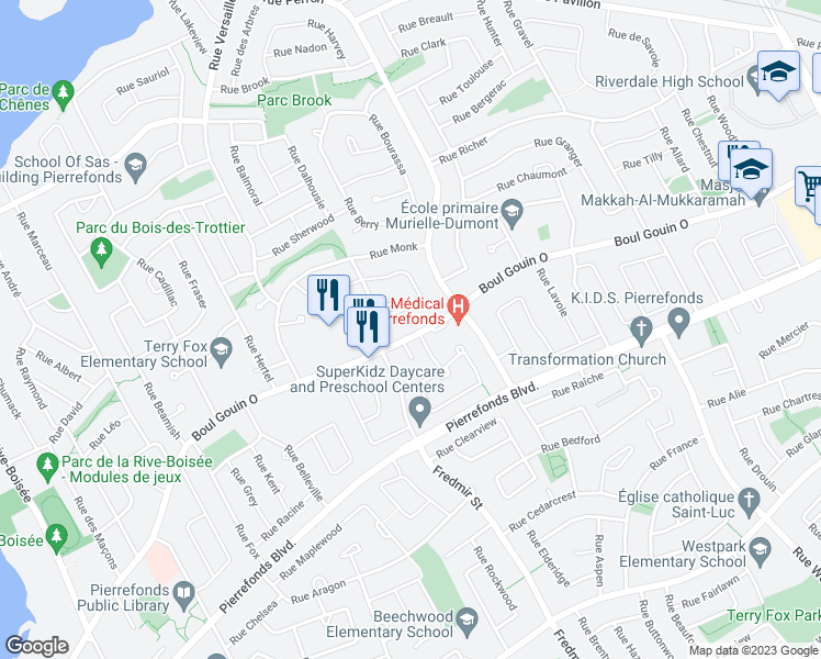 map of restaurants, bars, coffee shops, grocery stores, and more near 12797 Boulevard Gouin Ouest in Montréal