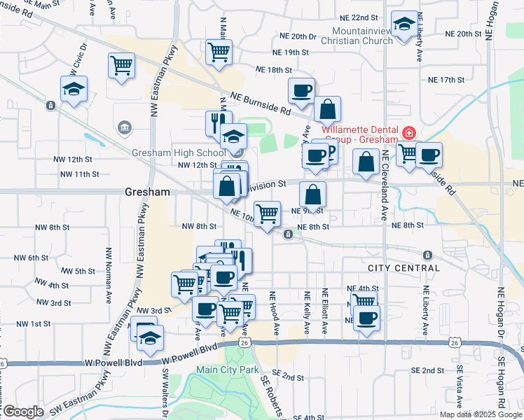 map of restaurants, bars, coffee shops, grocery stores, and more near 933 Northeast Hood Avenue in Gresham