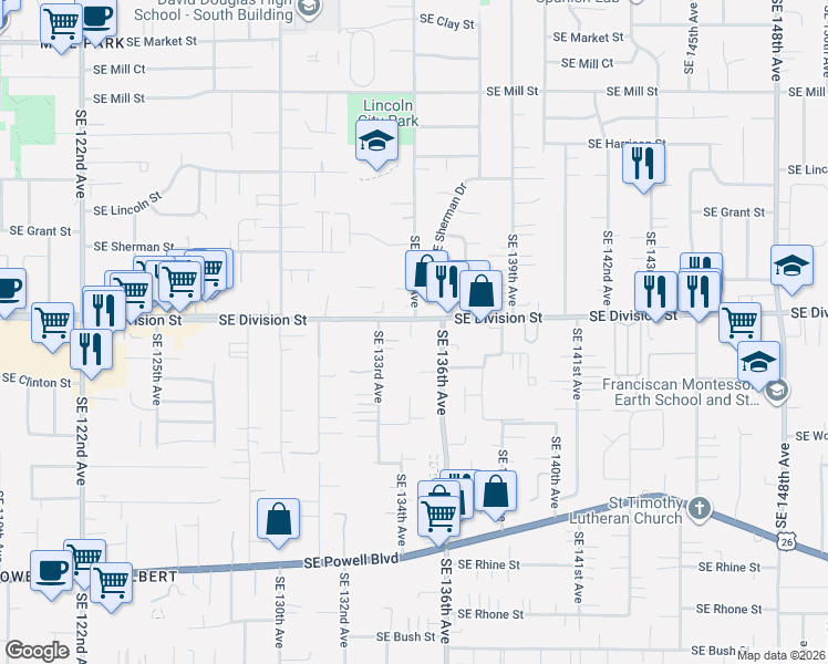 map of restaurants, bars, coffee shops, grocery stores, and more near 13434 Southeast Division Street in Portland