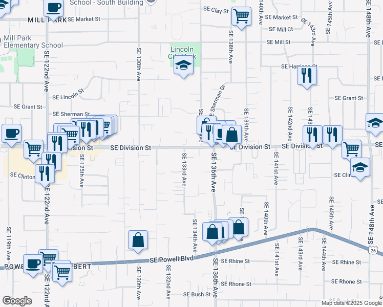 map of restaurants, bars, coffee shops, grocery stores, and more near 13306 Southeast Division Street in Portland