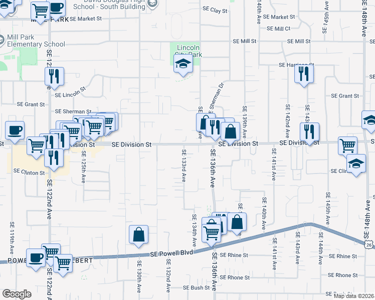 map of restaurants, bars, coffee shops, grocery stores, and more near 13306 Southeast Division Street in Portland