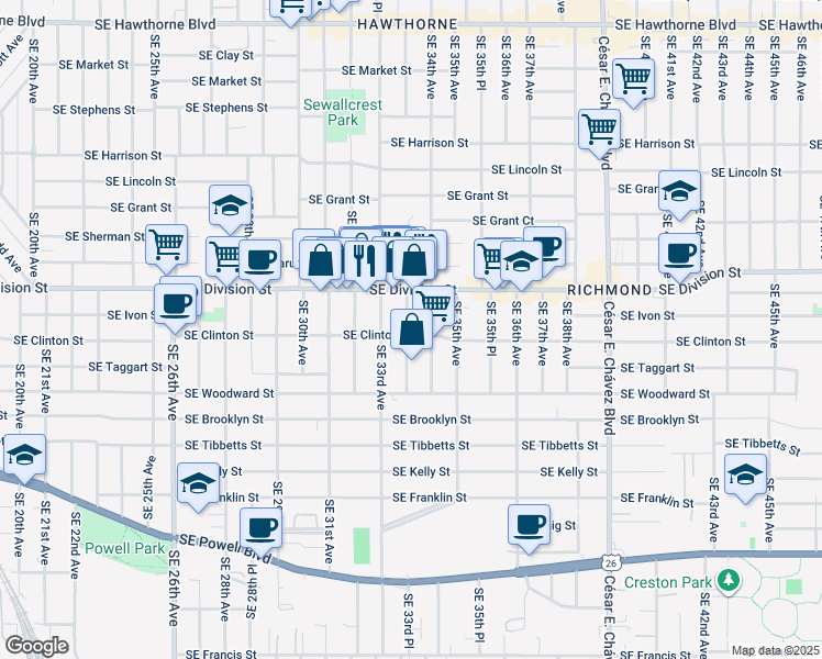 map of restaurants, bars, coffee shops, grocery stores, and more near 2601 Southeast 33rd Place in Portland