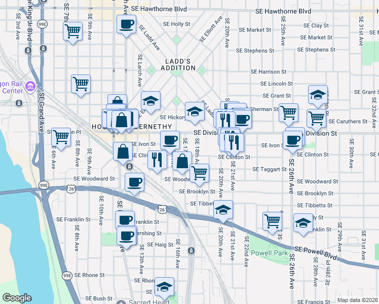 map of restaurants, bars, coffee shops, grocery stores, and more near 2603 Southeast 17th Avenue in Portland