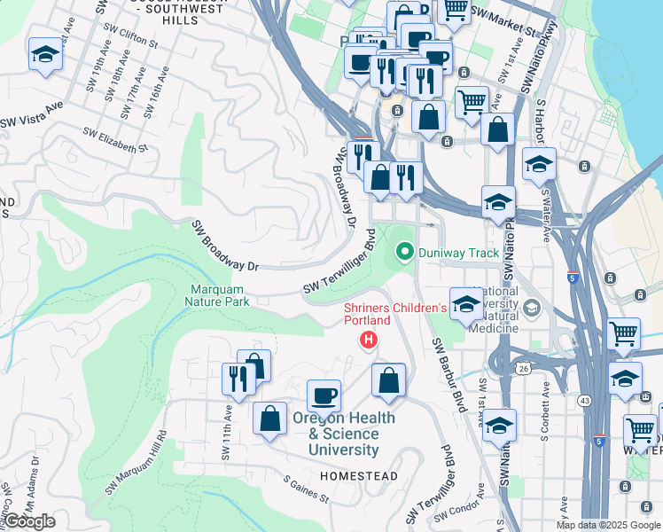 map of restaurants, bars, coffee shops, grocery stores, and more near 835 Southwest Broadway Drive in Portland