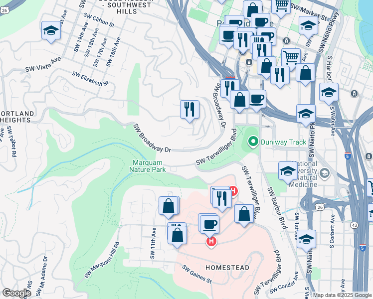 map of restaurants, bars, coffee shops, grocery stores, and more near 855 Southwest 9th Avenue in Portland
