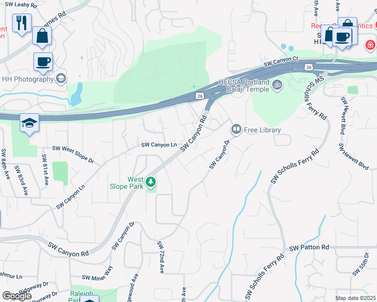 map of restaurants, bars, coffee shops, grocery stores, and more near 6900 Southwest Canyon Drive in Portland