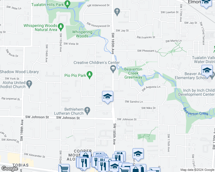 map of restaurants, bars, coffee shops, grocery stores, and more near 2145 Southwest 185th Avenue in Aloha