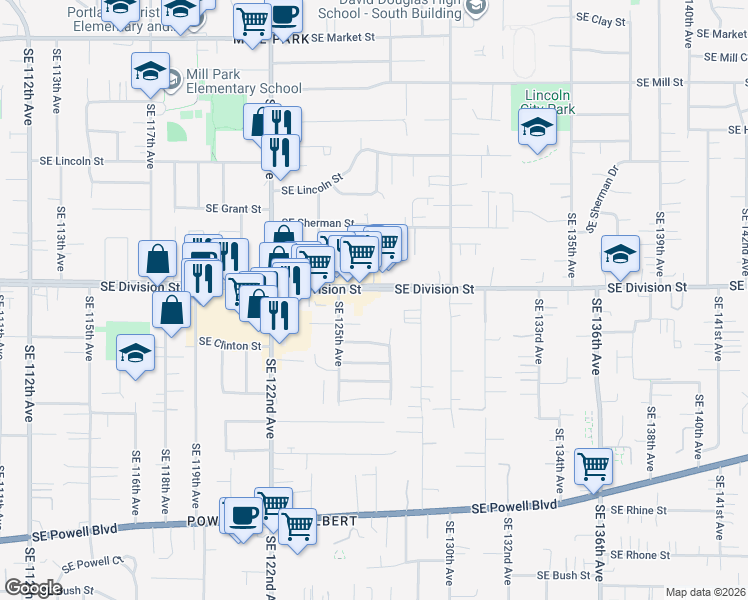 map of restaurants, bars, coffee shops, grocery stores, and more near 12630 Southeast Division Street in Portland